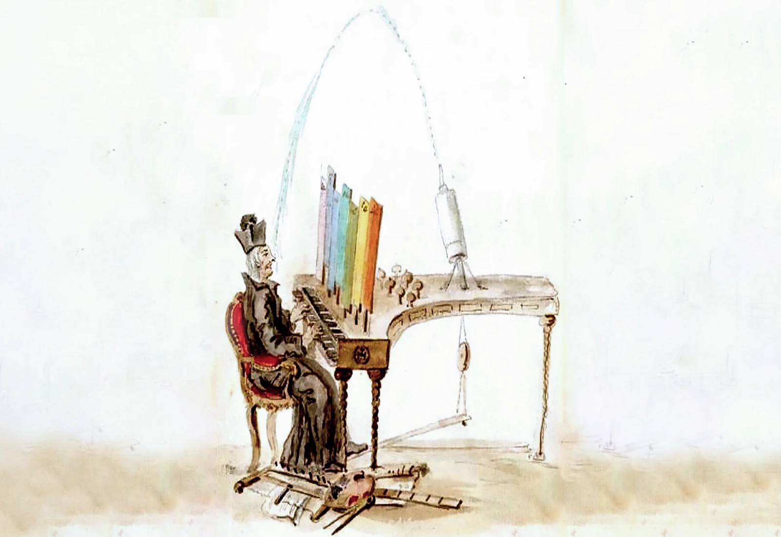 An 18th-century caricature of Louis-Bertrand Castel playing his ocular harpsichord, an instrument that mapped colored glass panels to musical notes. Referenced in the Still Night case study on crossmodal audiovisual design.